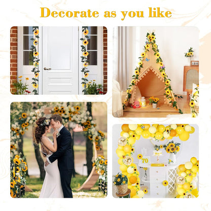 2 Pack Artificial Sunflower Garland Decor, Sunflower Vines Hanging Flowers Garland with Green Leaves, Fake Yellow Floral Vines Room Wedding Party Decoration