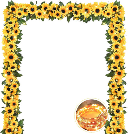 2 Pack Artificial Sunflower Garland Decor, Sunflower Vines Hanging Flowers Garland with Green Leaves, Fake Yellow Floral Vines Room Wedding Party Decoration