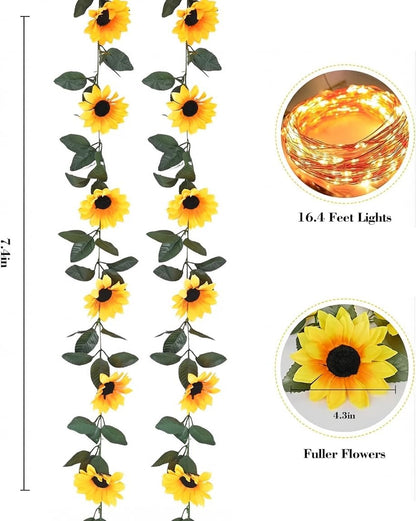 2 Pack Artificial Sunflower Garland Decor, Sunflower Vines Hanging Flowers Garland with Green Leaves, Fake Yellow Floral Vines Room Wedding Party Decoration