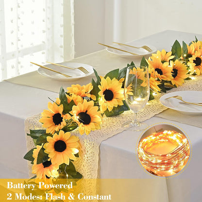 2 Pack Artificial Sunflower Garland Decor, Sunflower Vines Hanging Flowers Garland with Green Leaves, Fake Yellow Floral Vines Room Wedding Party Decoration
