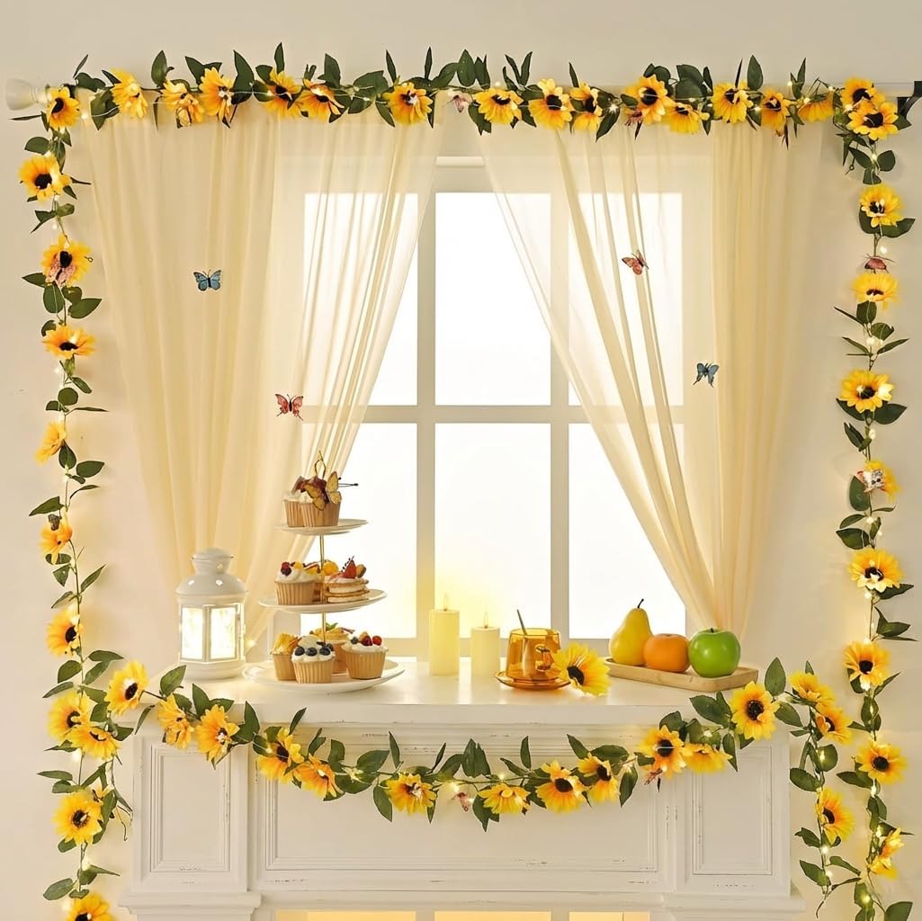 2 Pack Artificial Sunflower Garland Decor, Sunflower Vines Hanging Flowers Garland with Green Leaves, Fake Yellow Floral Vines Room Wedding Party Decoration