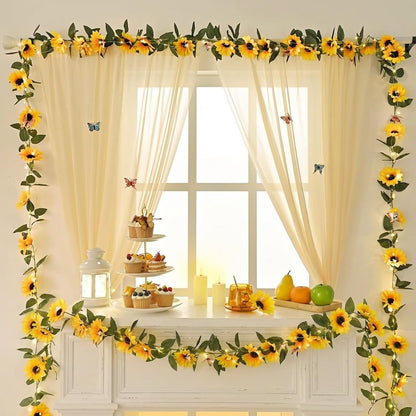 2 Pack Artificial Sunflower Garland Decor, Sunflower Vines Hanging Flowers Garland with Green Leaves, Fake Yellow Floral Vines Room Wedding Party Decoration