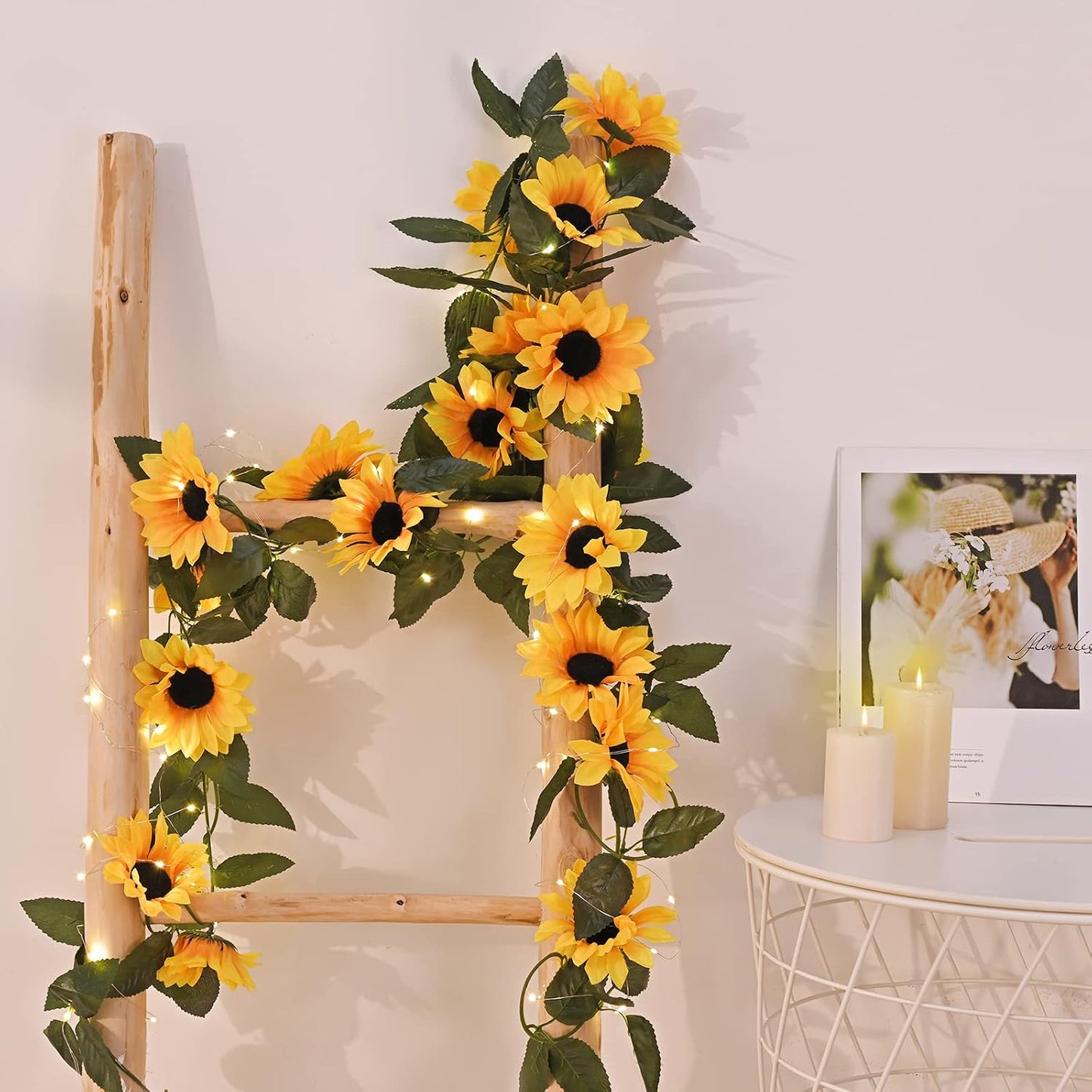 2 Pack Artificial Sunflower Garland Decor, Sunflower Vines Hanging Flowers Garland with Green Leaves, Fake Yellow Floral Vines Room Wedding Party Decoration