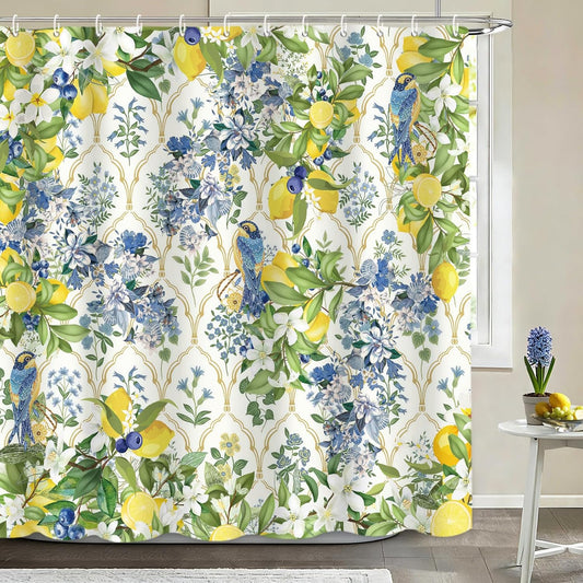 Aesthetic Lemon Shower Curtain, Vintage Bird on Lemon Tree Shower Curtain,Blue Berry Yellow Lemon White Floral Bathroom Decor,Summer Fruit Bathroom Decor Curtains with 12 Hooks,72x72 in