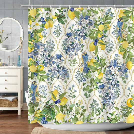 Aesthetic Lemon Shower Curtain, Vintage Bird on Lemon Tree Shower Curtain,Blue Berry Yellow Lemon White Floral Bathroom Decor,Summer Fruit Bathroom Decor Curtains with 12 Hooks,72x72 in