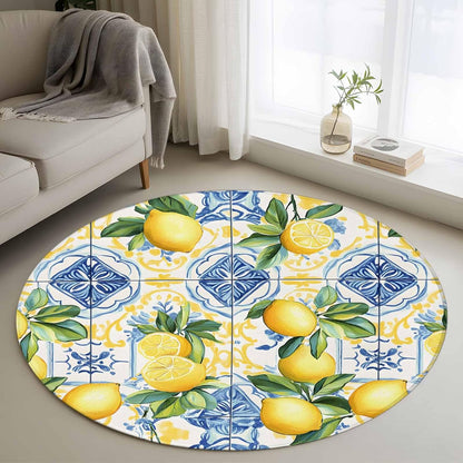 Round Rugs 3Ft, Botanical Lemon Round Area Rug Washable Indoor Throw Carpet, Spring Countryside Floral Blue Tile Small Non Slip Circle Rug for Bedroom Living Room Home Decor Aesthetic