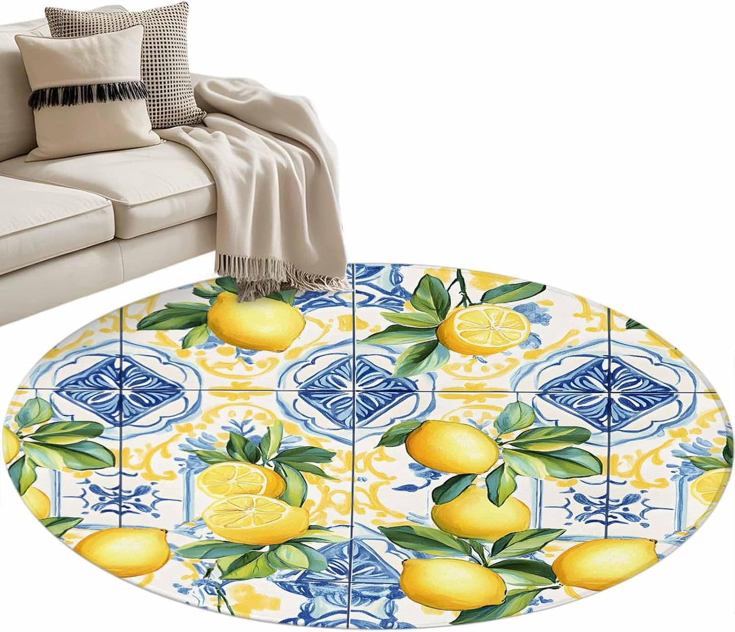 Round Rugs 3Ft, Botanical Lemon Round Area Rug Washable Indoor Throw Carpet, Spring Countryside Floral Blue Tile Small Non Slip Circle Rug for Bedroom Living Room Home Decor Aesthetic