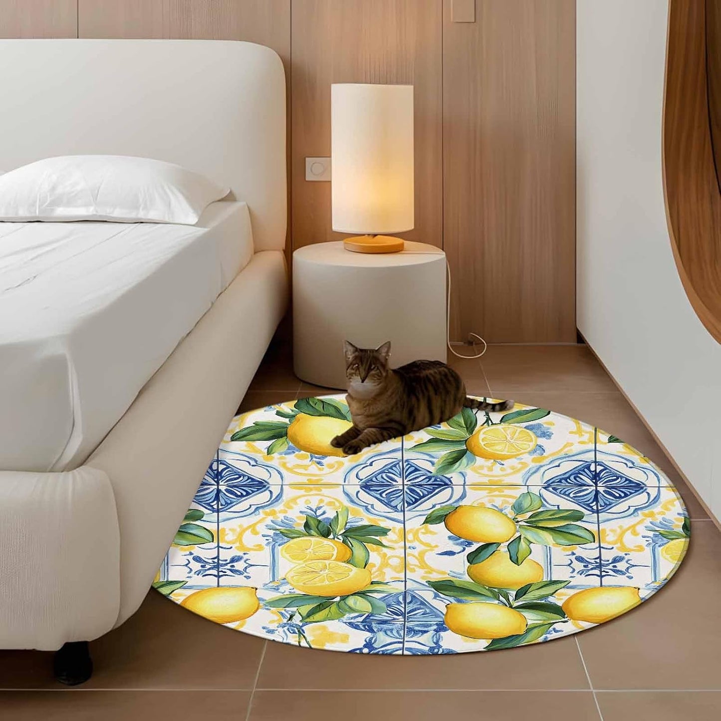 Round Rugs 3Ft, Botanical Lemon Round Area Rug Washable Indoor Throw Carpet, Spring Countryside Floral Blue Tile Small Non Slip Circle Rug for Bedroom Living Room Home Decor Aesthetic