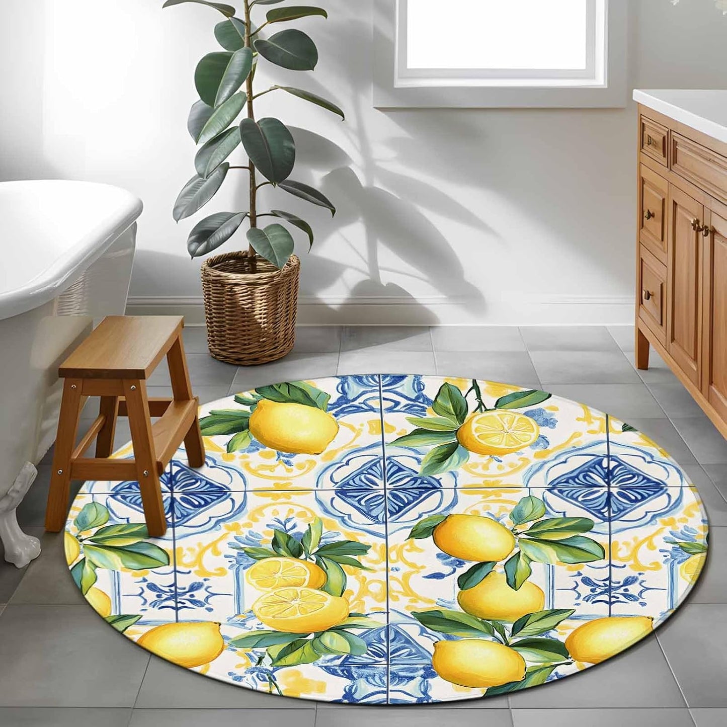 Round Rugs 3Ft, Botanical Lemon Round Area Rug Washable Indoor Throw Carpet, Spring Countryside Floral Blue Tile Small Non Slip Circle Rug for Bedroom Living Room Home Decor Aesthetic