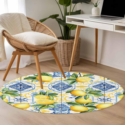 Round Rugs 3Ft, Botanical Lemon Round Area Rug Washable Indoor Throw Carpet, Spring Countryside Floral Blue Tile Small Non Slip Circle Rug for Bedroom Living Room Home Decor Aesthetic
