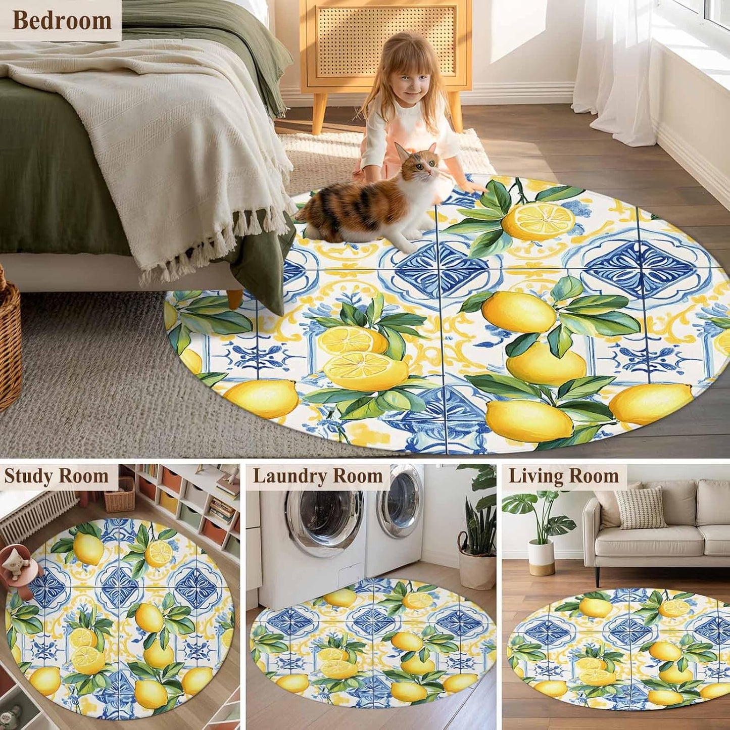 Round Rugs 3Ft, Botanical Lemon Round Area Rug Washable Indoor Throw Carpet, Spring Countryside Floral Blue Tile Small Non Slip Circle Rug for Bedroom Living Room Home Decor Aesthetic