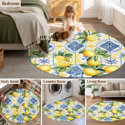 Round Rugs 3Ft, Botanical Lemon Round Area Rug Washable Indoor Throw Carpet, Spring Countryside Floral Blue Tile Small Non Slip Circle Rug for Bedroom Living Room Home Decor Aesthetic