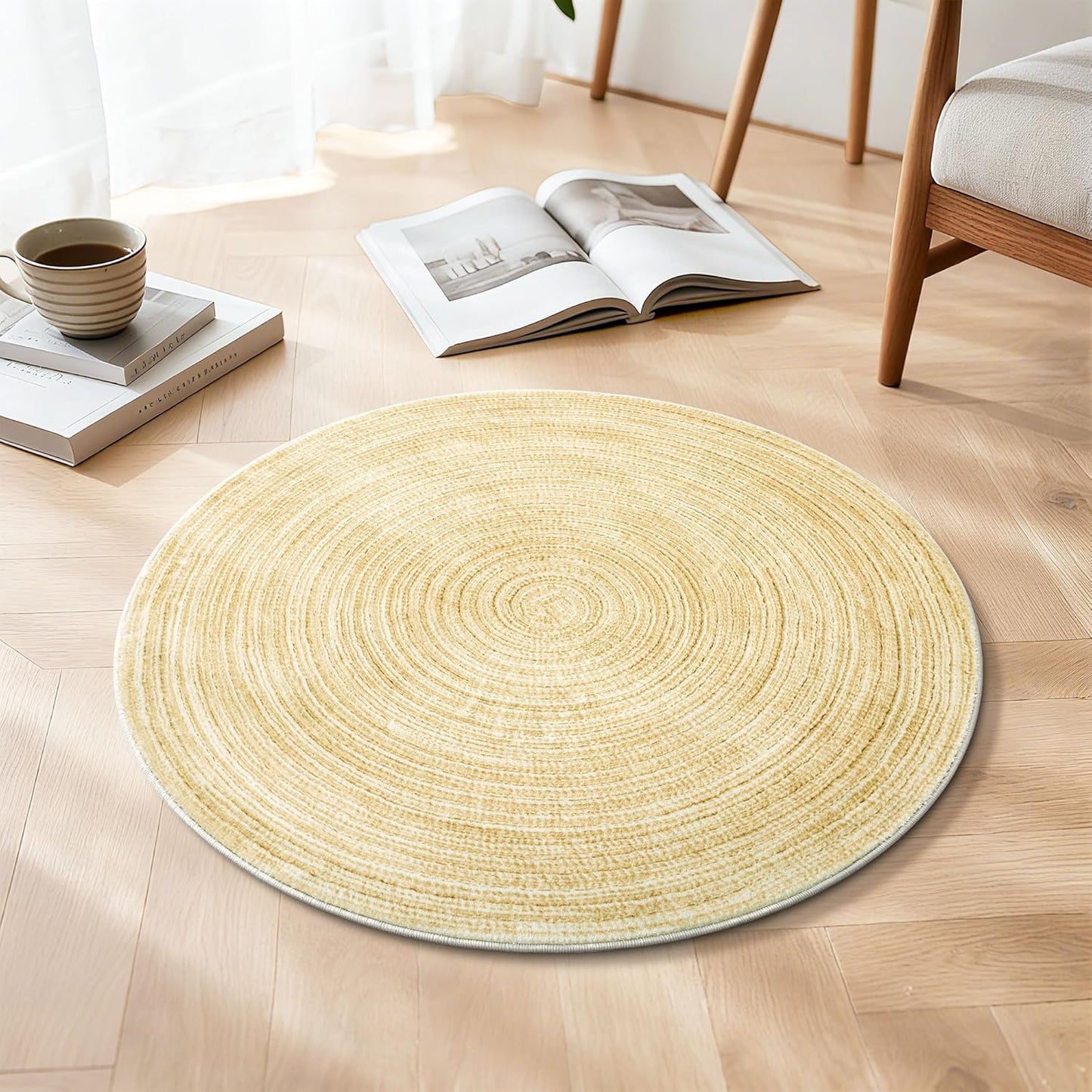Imitation Jute Low Pile Round Rug Area Rug Washable Non-Slip Circle Rug Soft Plush Touch Circle Rugs Round for Kitchen Bathroom Living Bedroom Nursery, Carpet 2ft /24 inch/61 cm Yellow