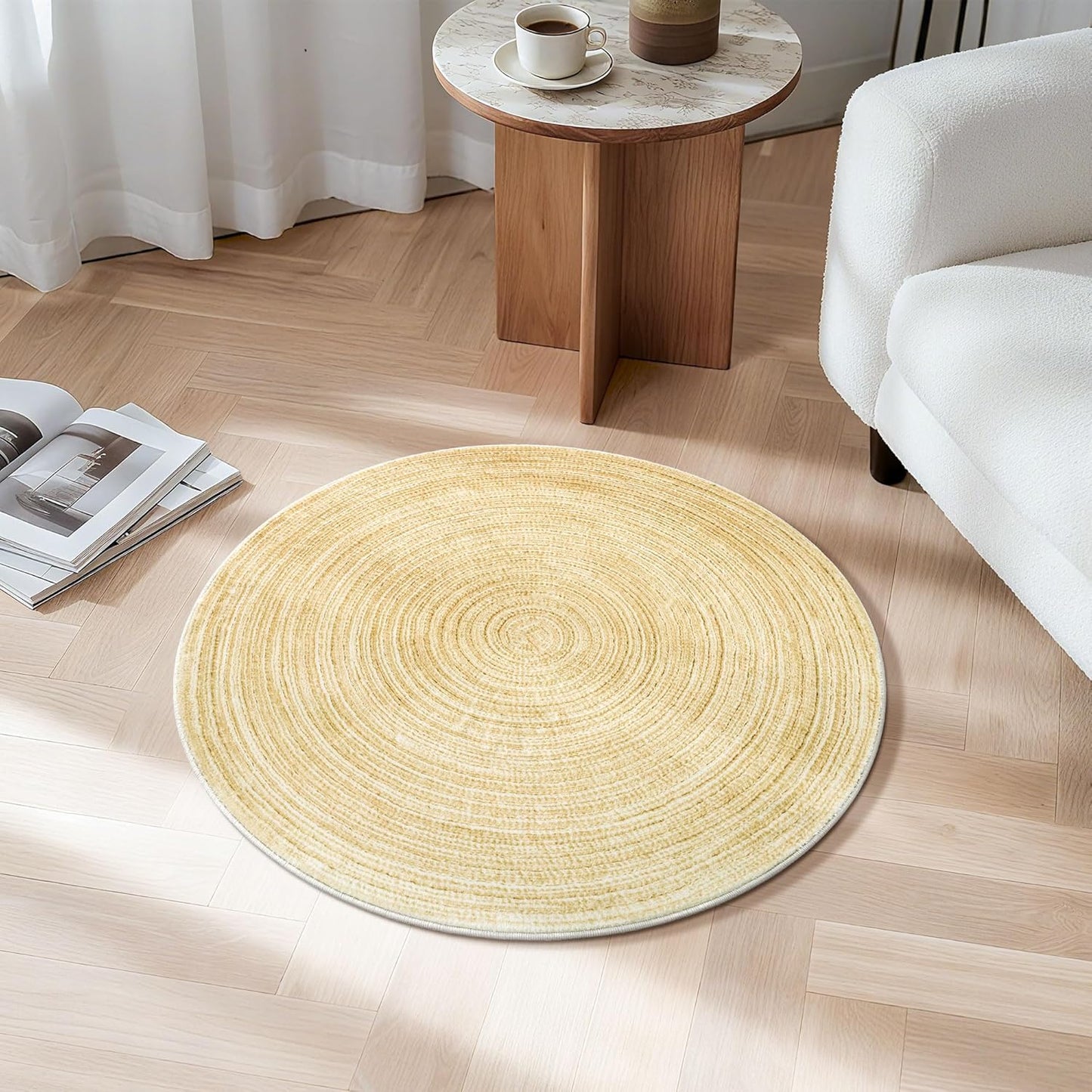 Imitation Jute Low Pile Round Rug Area Rug Washable Non-Slip Circle Rug Soft Plush Touch Circle Rugs Round for Kitchen Bathroom Living Bedroom Nursery, Carpet 2ft /24 inch/61 cm Yellow