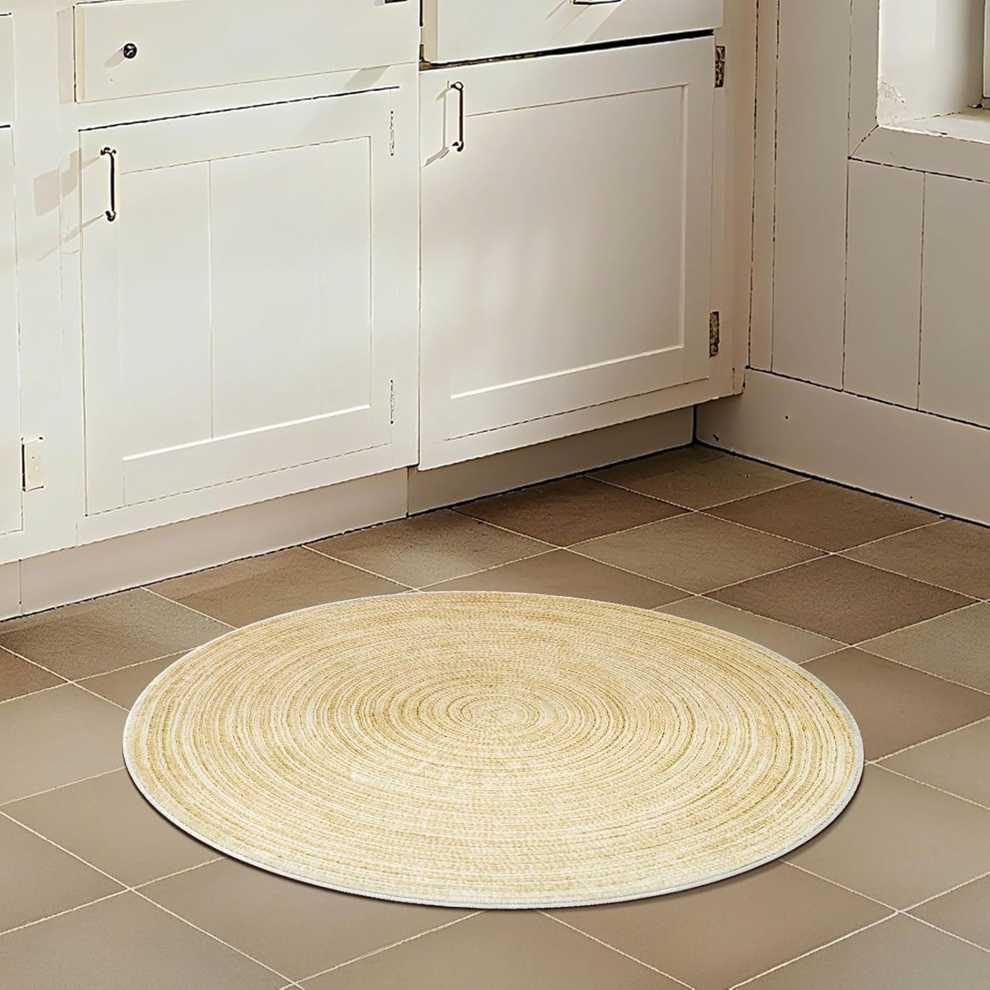 Imitation Jute Low Pile Round Rug Area Rug Washable Non-Slip Circle Rug Soft Plush Touch Circle Rugs Round for Kitchen Bathroom Living Bedroom Nursery, Carpet 2ft /24 inch/61 cm Yellow