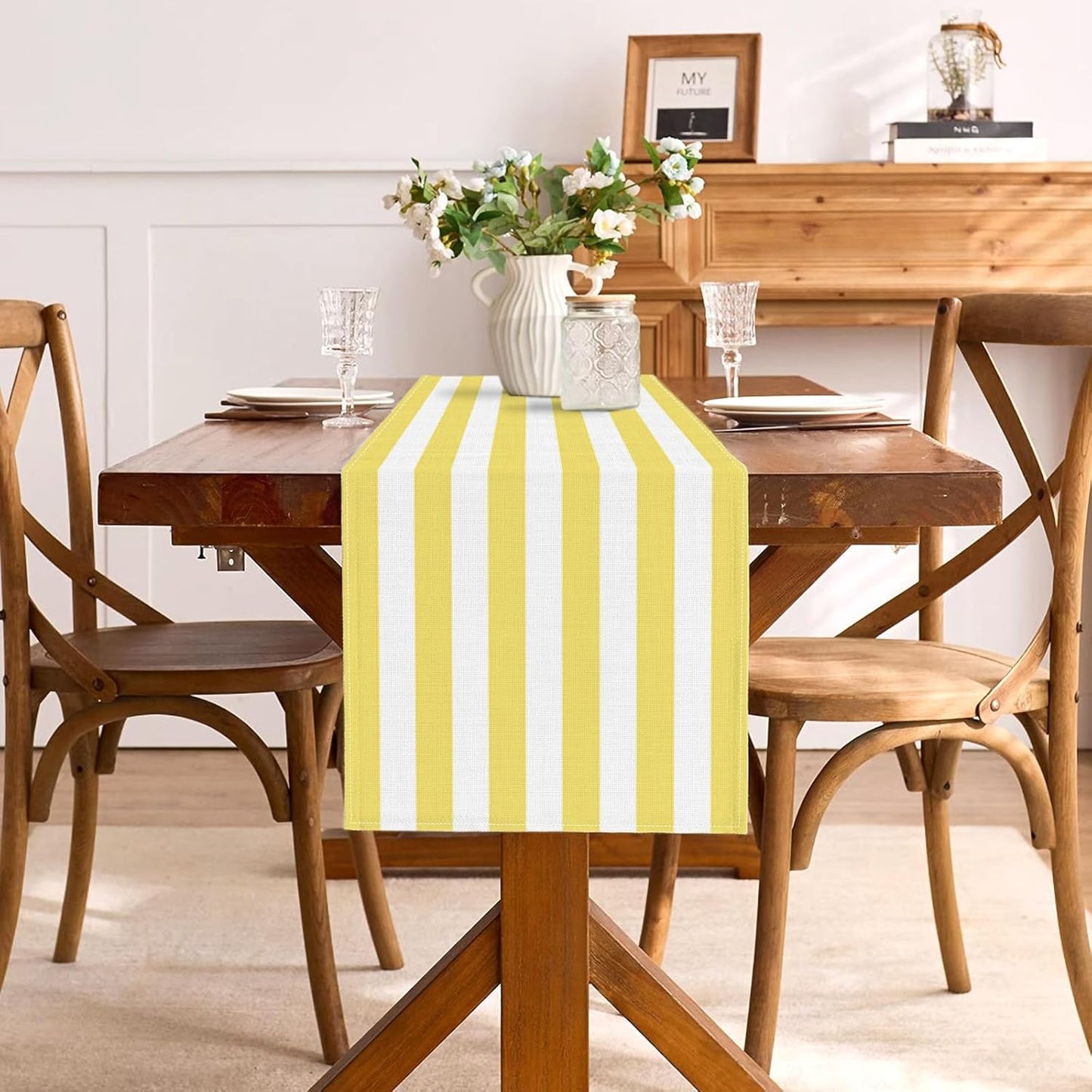 Yellow and White Cabana Striped Table Runner Birthday Party Decoration Baby Shower Dining Room Home Kitchen Table Decor (Yellow, 13" x 72")