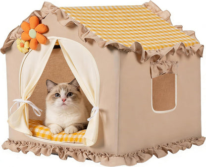 Yellow Indoor Cat House with Frame Foldable Breathable for Small Dog | Princess Style, Washable & Removable Cover, Dog House Indoor, Cute Cat Tent with Cover Cave,Medium:17"x17"x17" for 8-20 lb