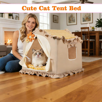 Yellow Indoor Cat House with Frame Foldable Breathable for Small Dog | Princess Style, Washable & Removable Cover, Dog House Indoor, Cute Cat Tent with Cover Cave,Medium:17"x17"x17" for 8-20 lb