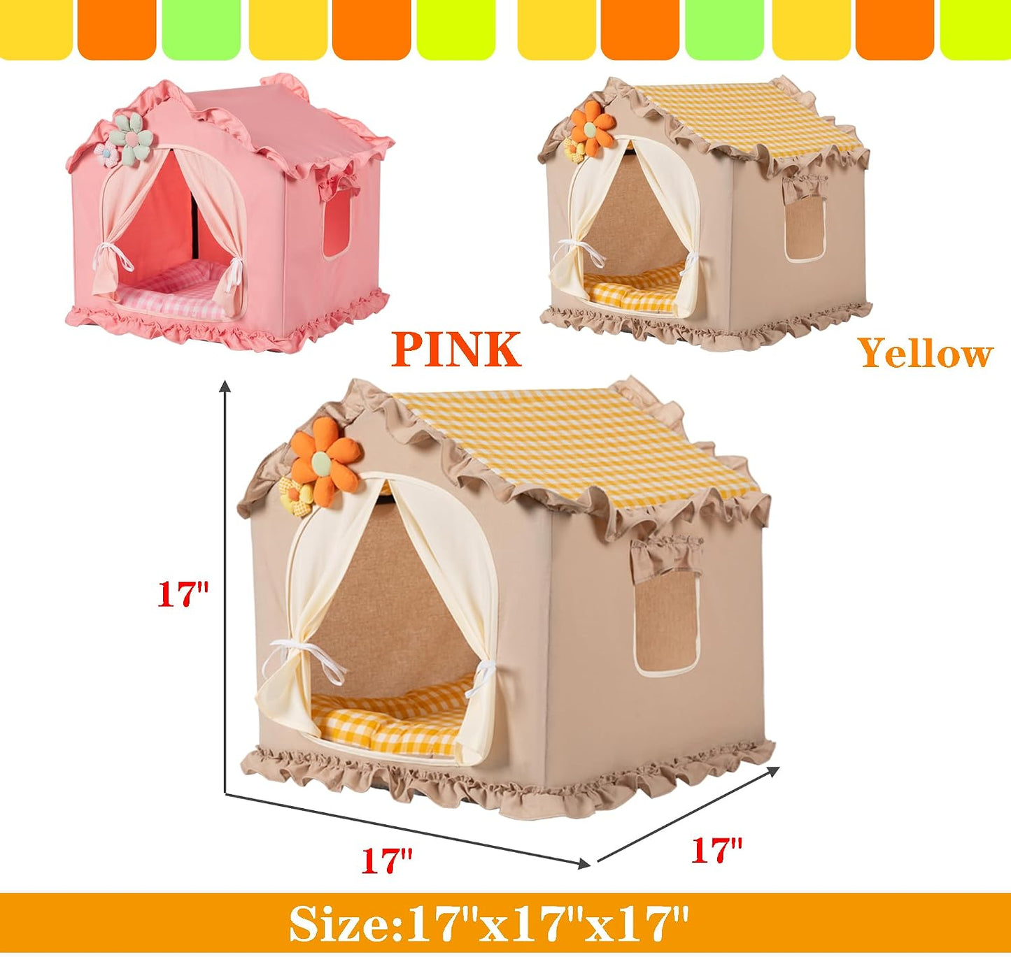Yellow Indoor Cat House with Frame Foldable Breathable for Small Dog | Princess Style, Washable & Removable Cover, Dog House Indoor, Cute Cat Tent with Cover Cave,Medium:17"x17"x17" for 8-20 lb