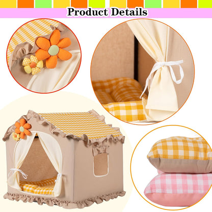 Yellow Indoor Cat House with Frame Foldable Breathable for Small Dog | Princess Style, Washable & Removable Cover, Dog House Indoor, Cute Cat Tent with Cover Cave,Medium:17"x17"x17" for 8-20 lb