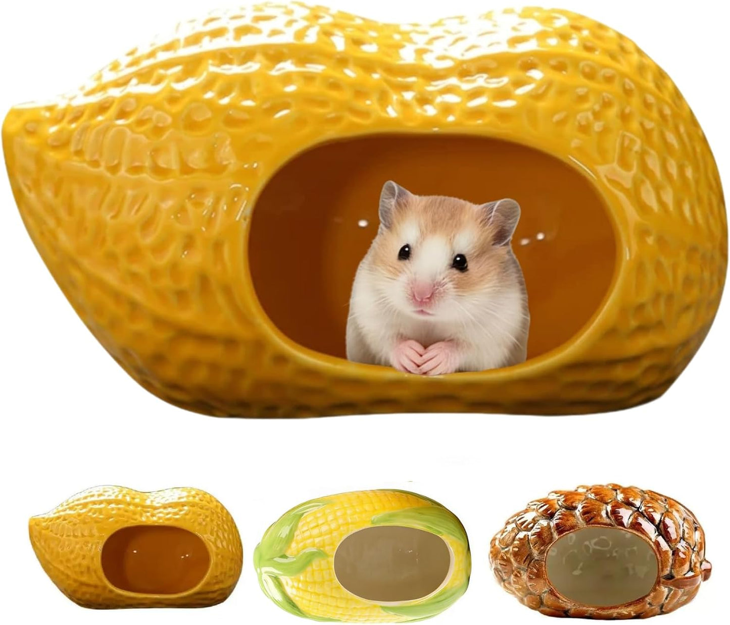 Ceramic Hamster Bed Cute Cooling Hideout for Small Pet Multi-Size Habitat Decor Cage Accessories for Gerbil Axolotl (Yellow-Peanut)