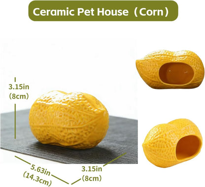 Ceramic Hamster Bed Cute Cooling Hideout for Small Pet Multi-Size Habitat Decor Cage Accessories for Gerbil Axolotl (Yellow-Peanut)