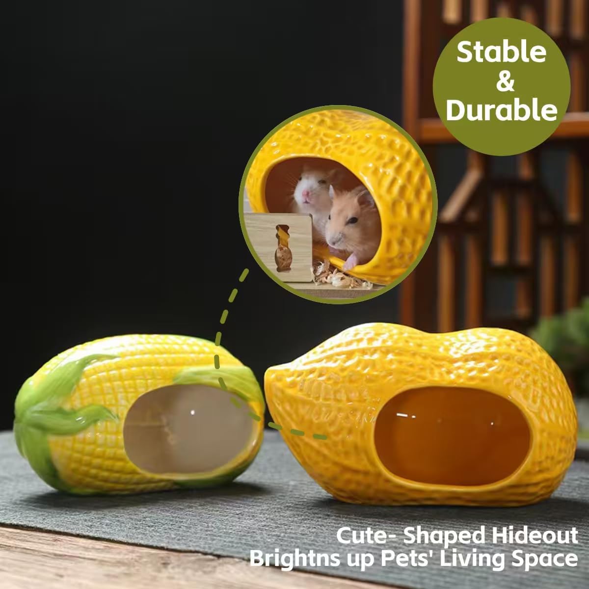 Ceramic Hamster Bed Cute Cooling Hideout for Small Pet Multi-Size Habitat Decor Cage Accessories for Gerbil Axolotl (Yellow-Peanut)