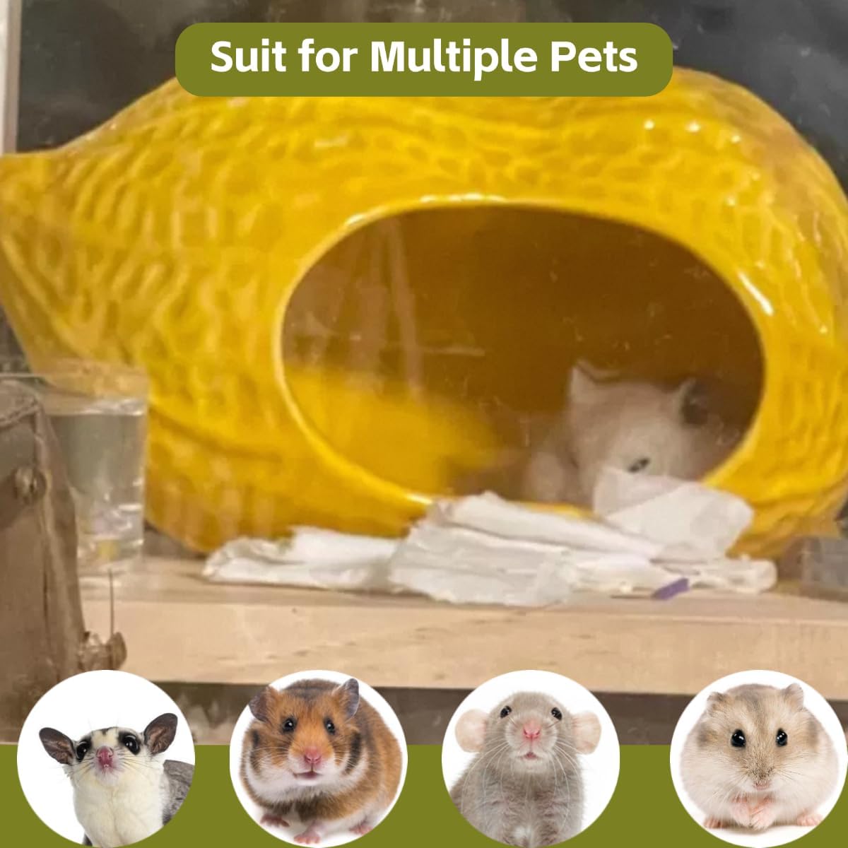 Ceramic Hamster Bed Cute Cooling Hideout for Small Pet Multi-Size Habitat Decor Cage Accessories for Gerbil Axolotl (Yellow-Peanut)