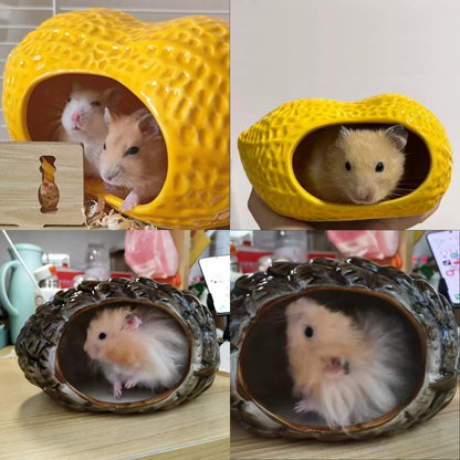 Ceramic Hamster Bed Cute Cooling Hideout for Small Pet Multi-Size Habitat Decor Cage Accessories for Gerbil Axolotl (Yellow-Peanut)