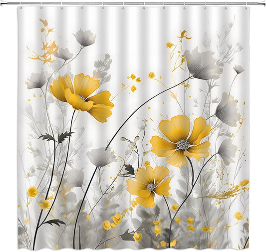 Yellow Flower Shower Curtain Rustic Farmhouse Watercolor Yellow Floral Gray Leaves Modern Romantic Nature Plant Vintage 70" WX70 H Bathroom Decor Fabric Curtain with Hooks