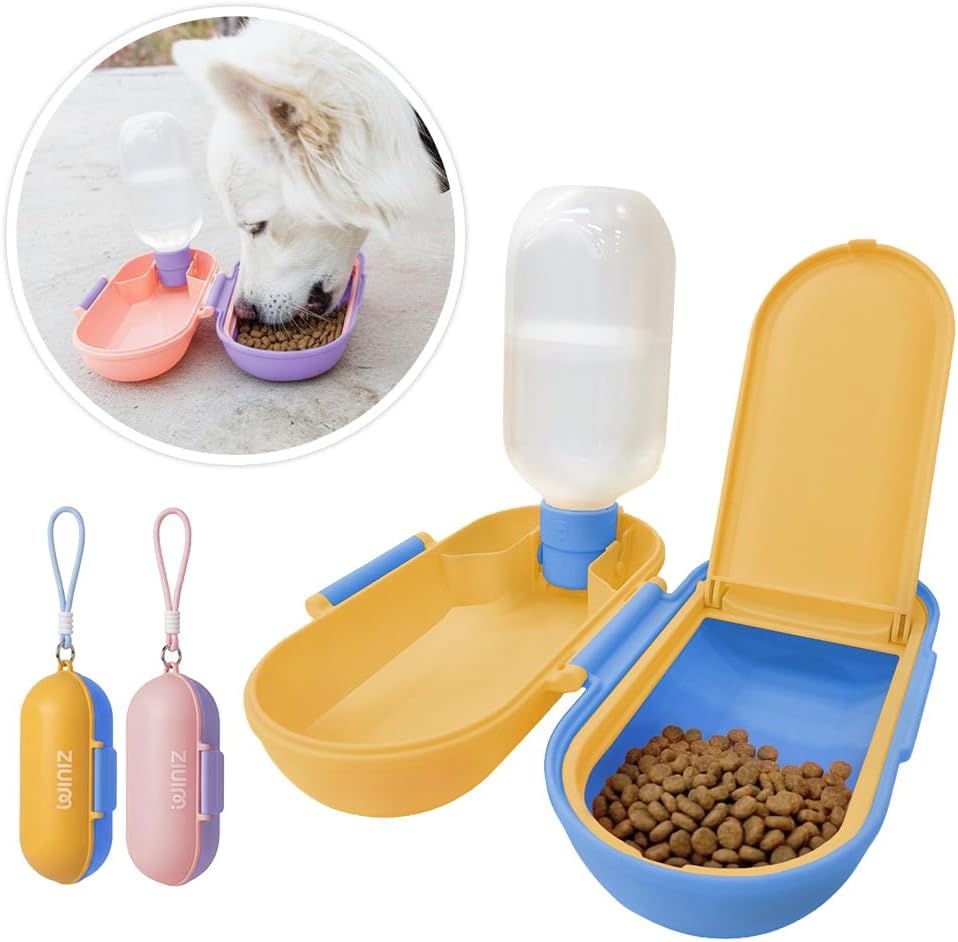 2-in-1 Dog Water Bottle with Food Container (10oz + 9.5oz), Leak-Proof Portable Dog Travel Water Bottle with Built-in Bowl & Dispenser, Easy to Use (Blue&Yellow)