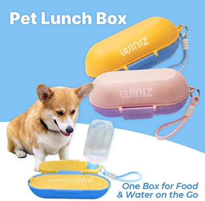 2-in-1 Dog Water Bottle with Food Container (10oz + 9.5oz), Leak-Proof Portable Dog Travel Water Bottle with Built-in Bowl & Dispenser, Easy to Use (Blue&Yellow)