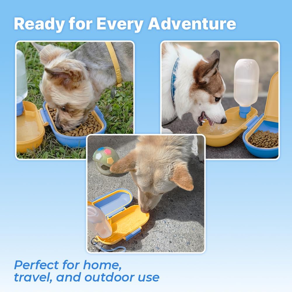 2-in-1 Dog Water Bottle with Food Container (10oz + 9.5oz), Leak-Proof Portable Dog Travel Water Bottle with Built-in Bowl & Dispenser, Easy to Use (Blue&Yellow)