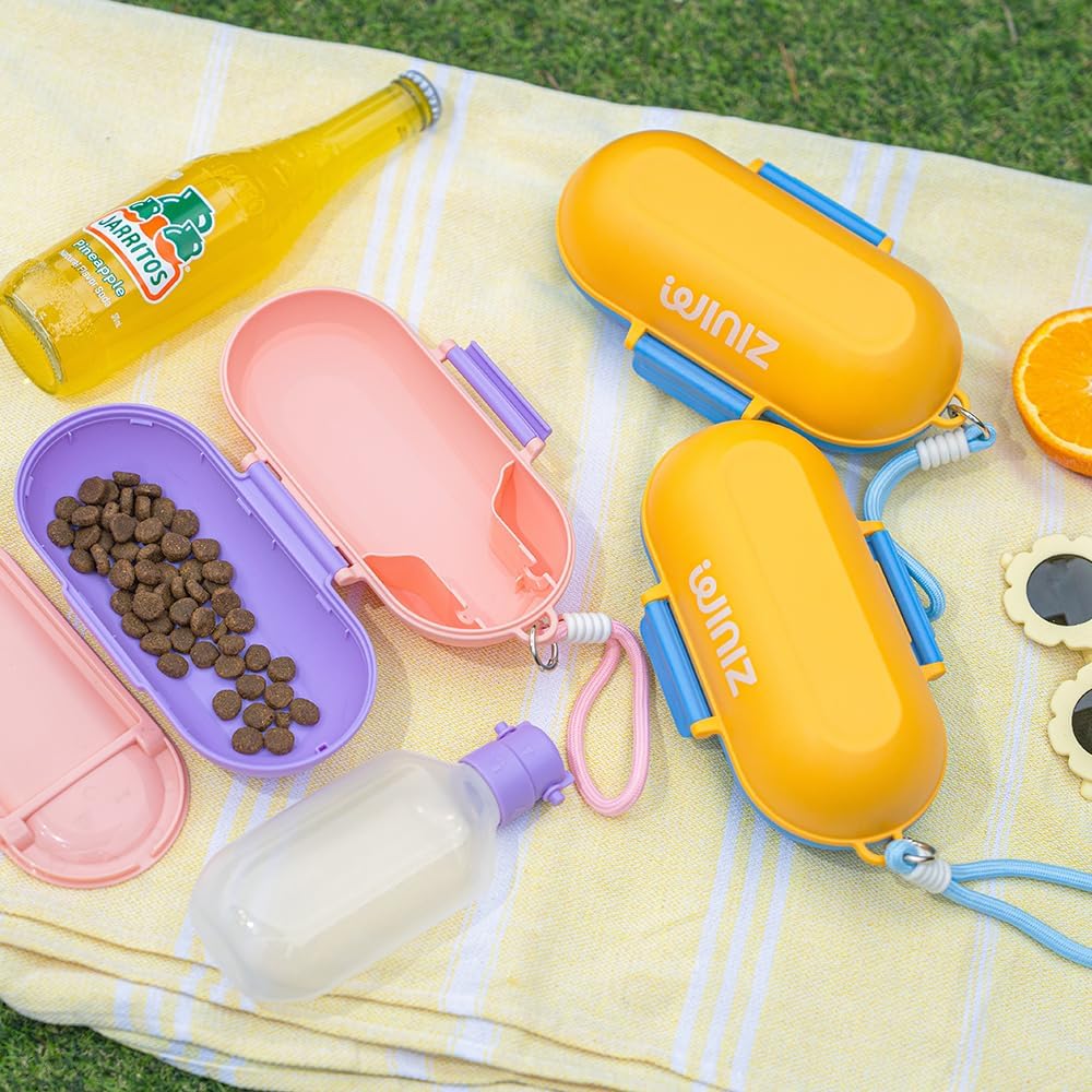 2-in-1 Dog Water Bottle with Food Container (10oz + 9.5oz), Leak-Proof Portable Dog Travel Water Bottle with Built-in Bowl & Dispenser, Easy to Use (Blue&Yellow)