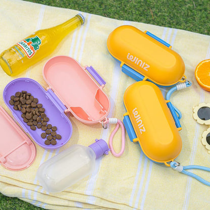 2-in-1 Dog Water Bottle with Food Container (10oz + 9.5oz), Leak-Proof Portable Dog Travel Water Bottle with Built-in Bowl & Dispenser, Easy to Use (Blue&Yellow)
