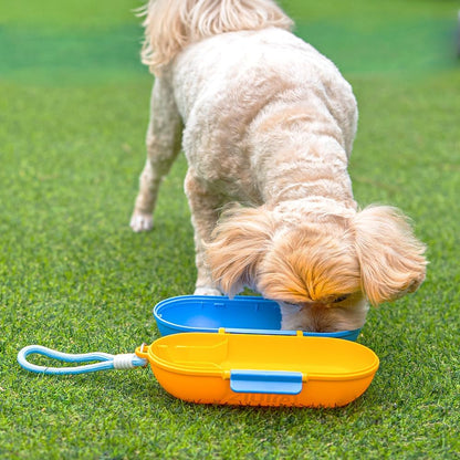 2-in-1 Dog Water Bottle with Food Container (10oz + 9.5oz), Leak-Proof Portable Dog Travel Water Bottle with Built-in Bowl & Dispenser, Easy to Use (Blue&Yellow)