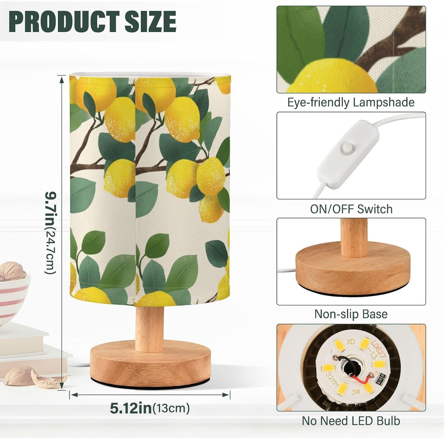 Bedside Table Lamp Lemon Yellow Citrus Fruits (91) Kids Nightstand Lamp Night Light Fabric Shade for Bedroom Living Room Home Office