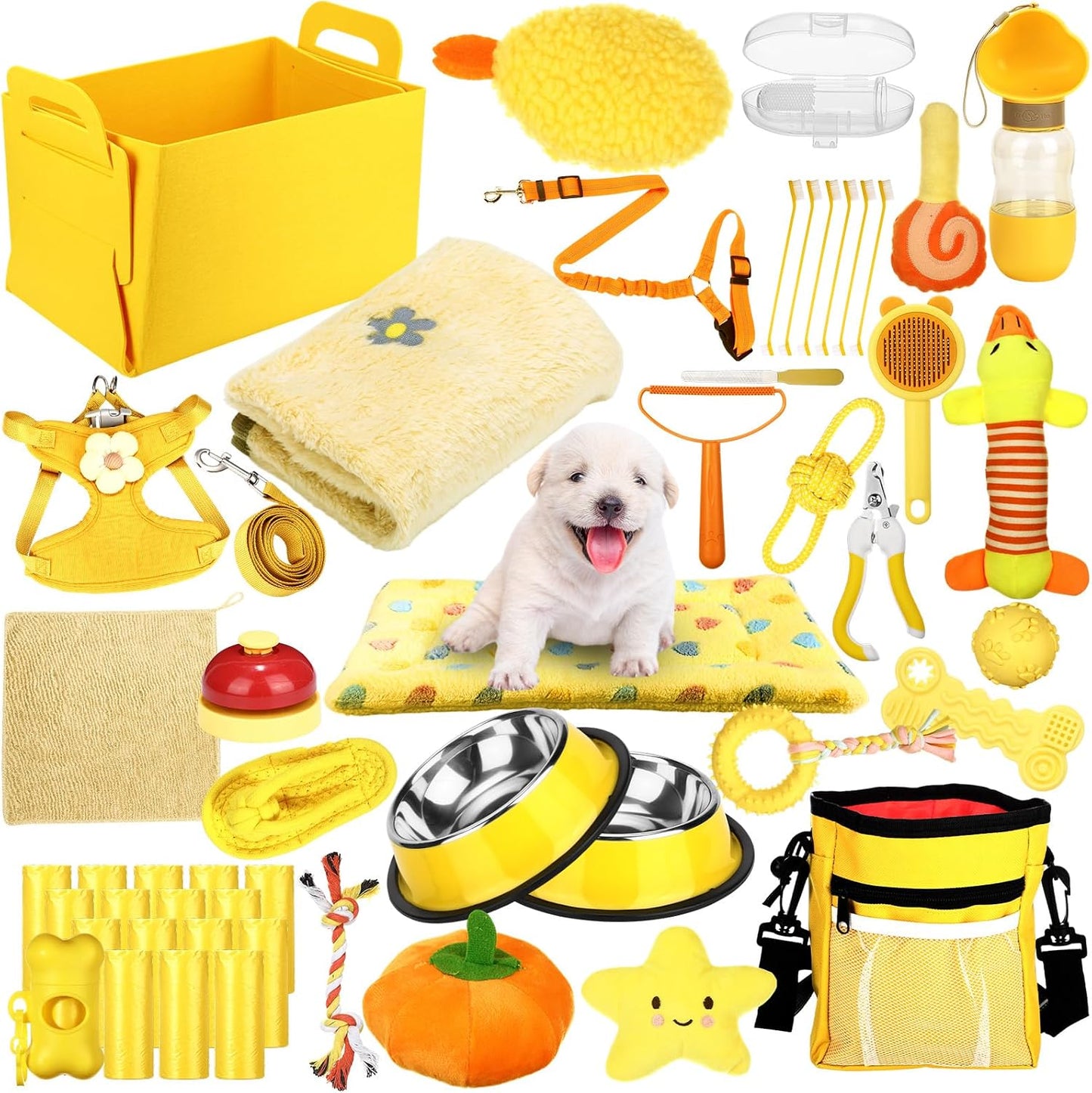50 Pcs Puppy Supplies Starter Kit for Small Dogs Puppy Essentials Includes Leash, Bowls, Teeth Brushes, Water Bottle, and More Accessories for Dogs Pet Day Welcome Gift(Yellow)