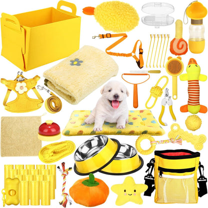 50 Pcs Puppy Supplies Starter Kit for Small Dogs Puppy Essentials Includes Leash, Bowls, Teeth Brushes, Water Bottle, and More Accessories for Dogs Pet Day Welcome Gift(Yellow)