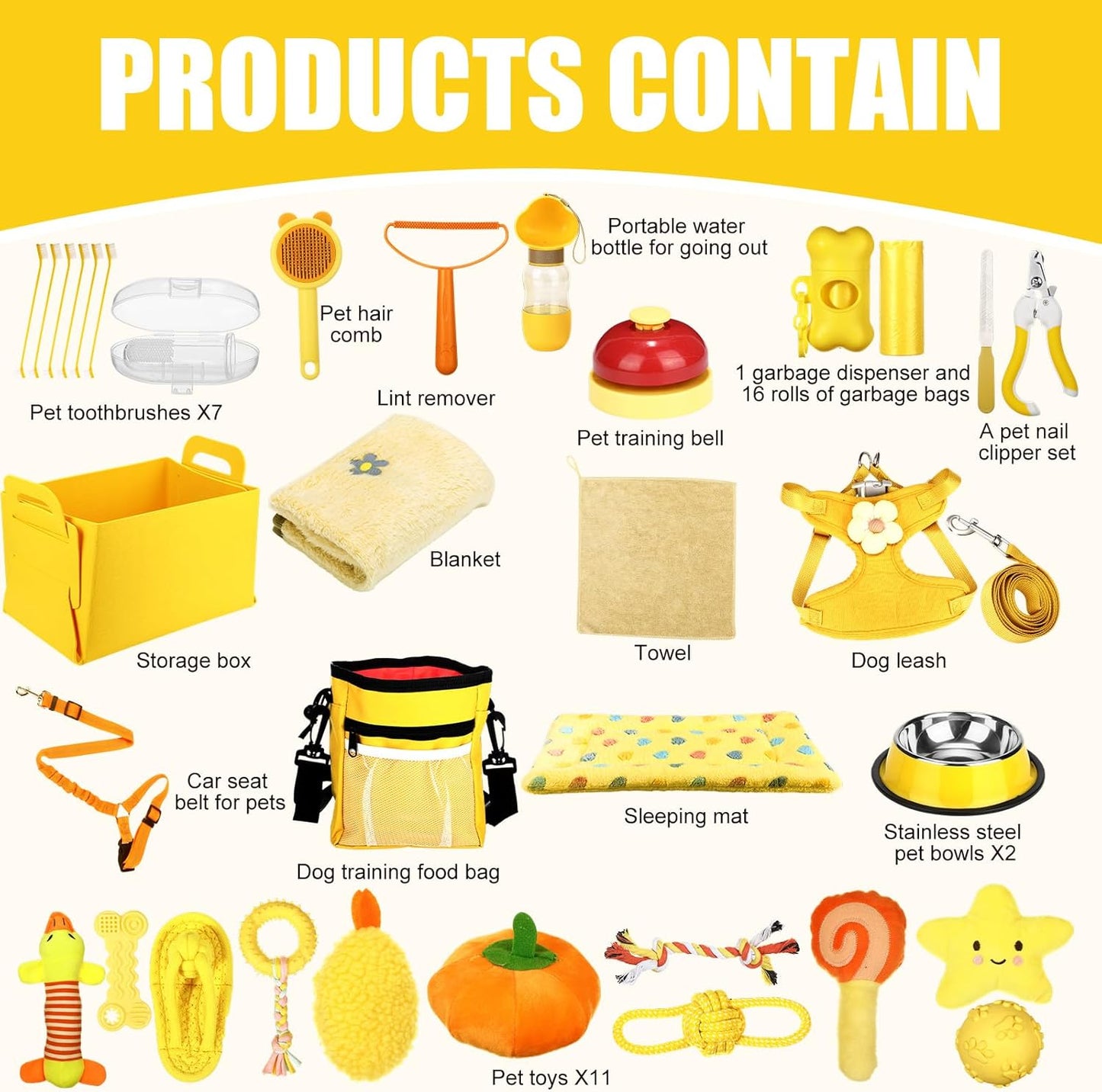 50 Pcs Puppy Supplies Starter Kit for Small Dogs Puppy Essentials Includes Leash, Bowls, Teeth Brushes, Water Bottle, and More Accessories for Dogs Pet Day Welcome Gift(Yellow)