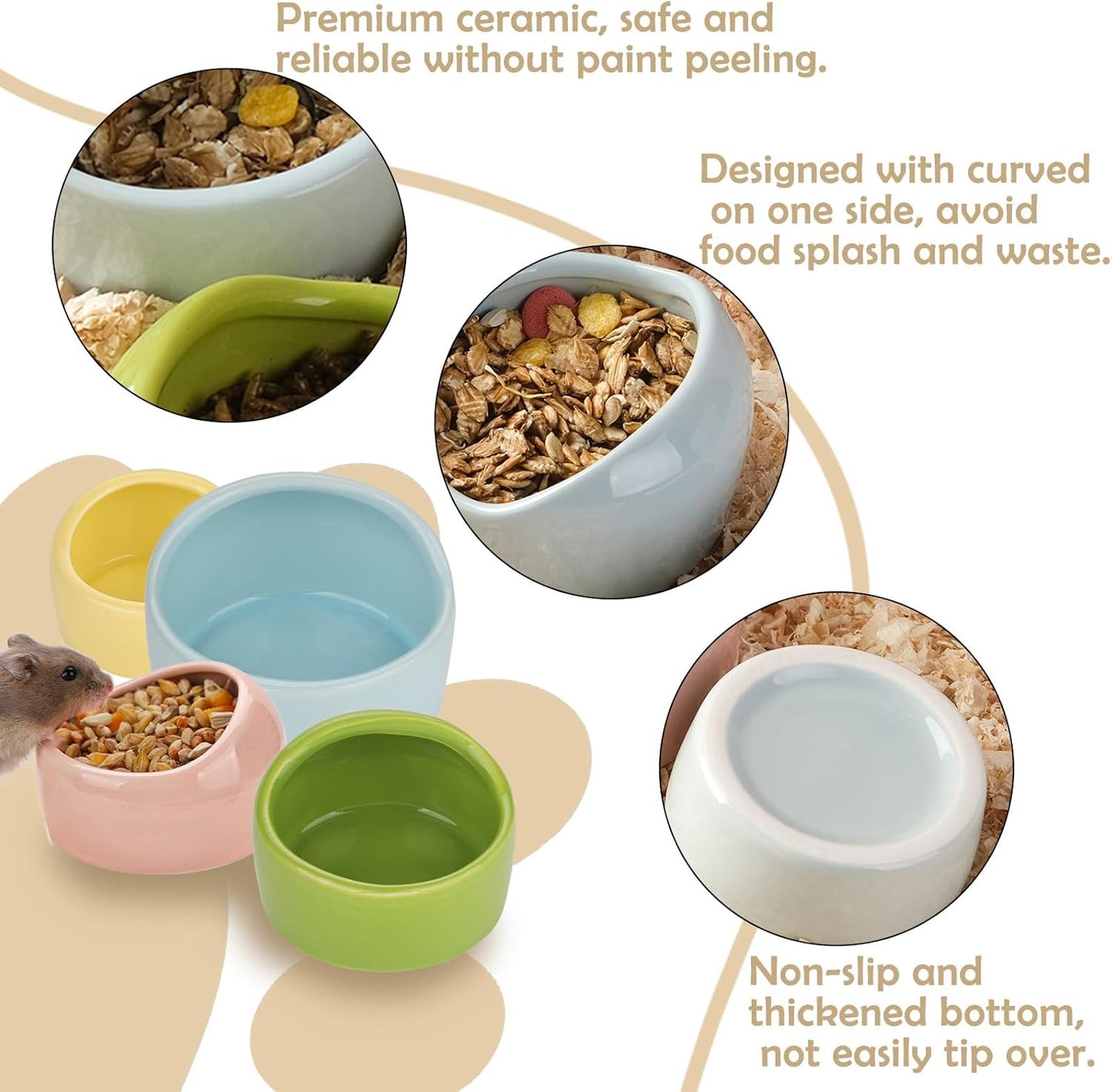 4 Pack Medium Hamster Food Bowl Ceramic Guinea Pig Food Dish No Spill Hamster Food and Water Bowl Small Animal Food Bowl for Chinchilla Hedgehog Hamster Gerbil - Pink Blue Yellow and Green