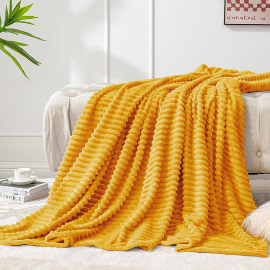 Ribbed Mustard Yellow Fleece Throw Blanket for Couch, 50x60 Inch | Soft Warm Decorative Fluffy Blanket, Cozy Plush Lightweight Fuzzy Throw Blanket for Bed Sofa Home Room Decor, Gift for Women