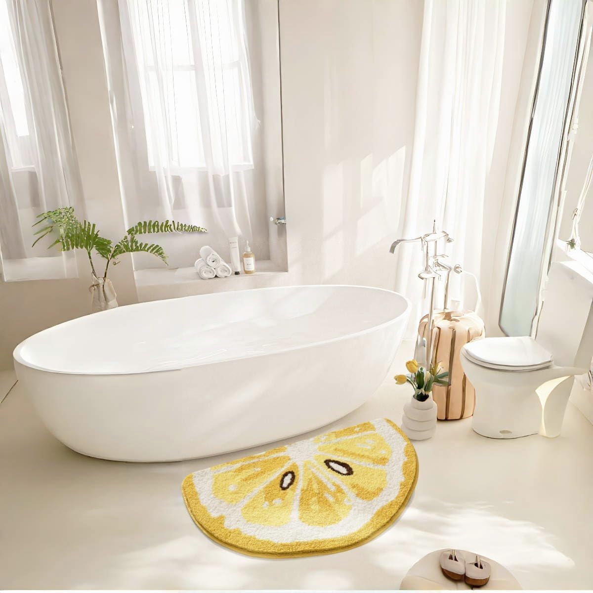 Playtime Cozy Lemon Cute Fruits Half Round Shaped Bedroom Bathroom Doorway Kitchen Floor Rug Carpet Water Absorption Non-Slip mat for Kid's Room (Light Yellow, 1'6" x 2'2" (Semicircular))