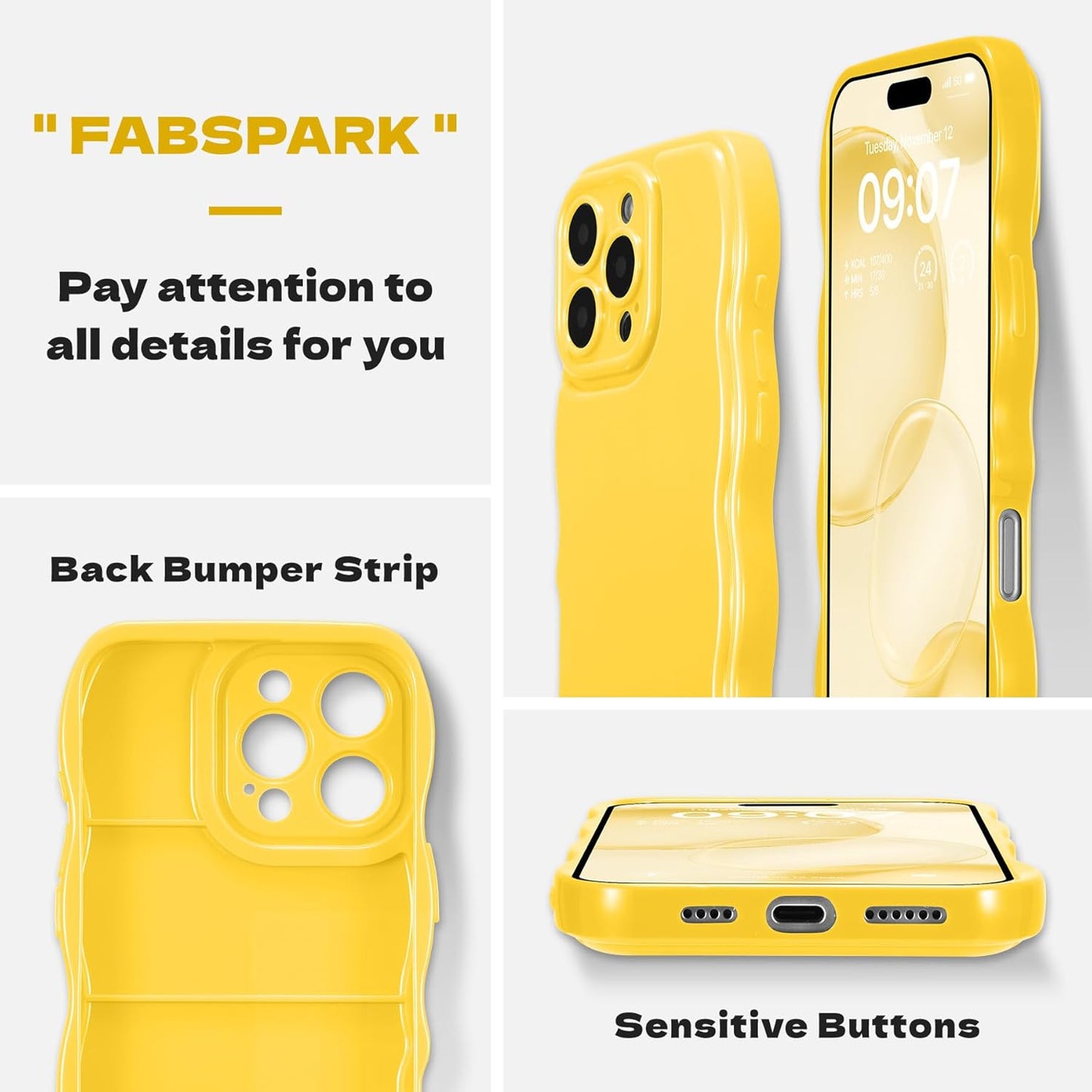 for iPhone 16 Pro Max Case, Soft Wave Wavy Frame,Lemon Yellow | Simple Wave Design Wavy Frame Soft Silicone Aesthetic Case for iPhone 16 Pro Max,Lemon Yellow
