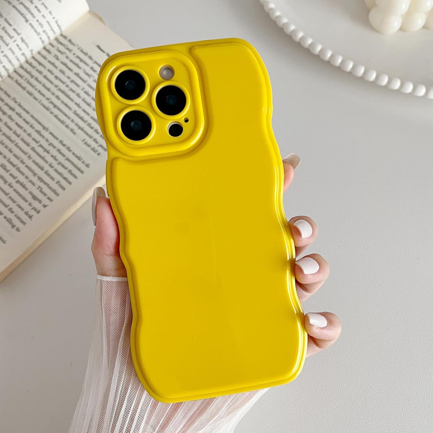 for iPhone 16 Pro Max Case, Soft Wave Wavy Frame,Lemon Yellow | Simple Wave Design Wavy Frame Soft Silicone Aesthetic Case for iPhone 16 Pro Max,Lemon Yellow