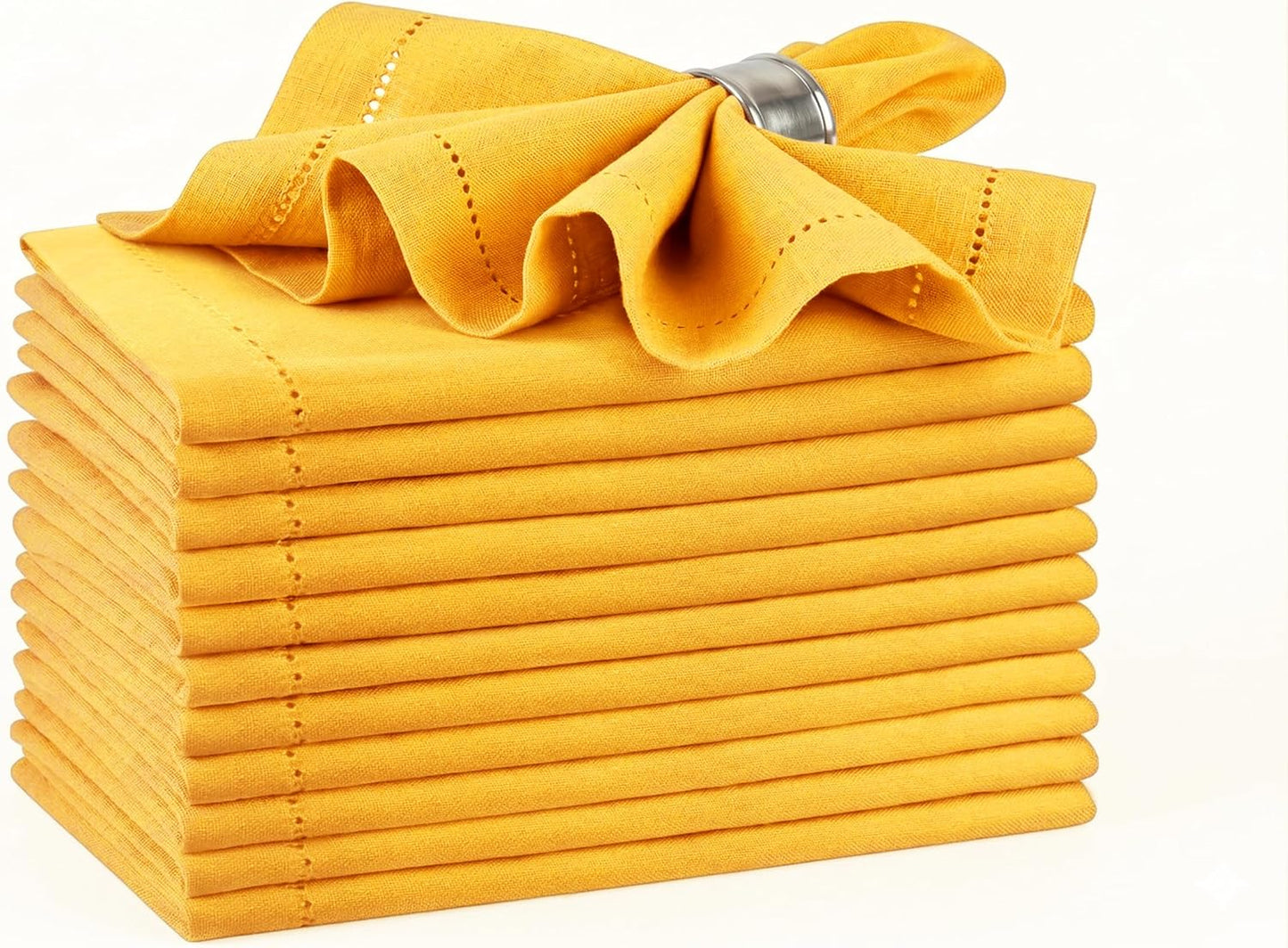 Mustard Cotton Napkins Set of 12 | Premium Hemstitch Detailing Cloth Dinner Napkins 18x18 Inch | Soft Washable & Reusable Table Napkins for Everyday Use Weddings Parties Restaurants & Hotels