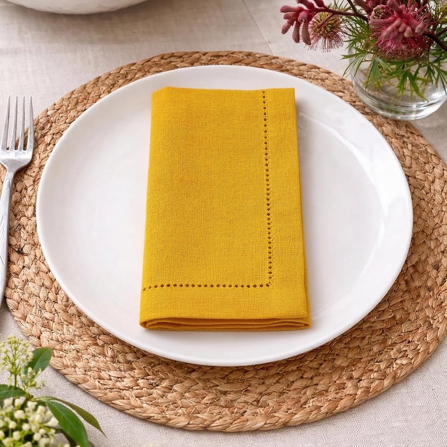 Mustard Cotton Napkins Set of 12 | Premium Hemstitch Detailing Cloth Dinner Napkins 18x18 Inch | Soft Washable & Reusable Table Napkins for Everyday Use Weddings Parties Restaurants & Hotels