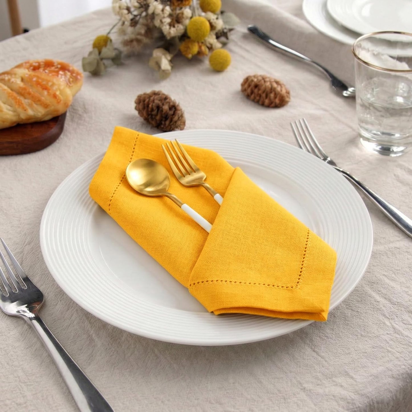 Mustard Cotton Napkins Set of 12 | Premium Hemstitch Detailing Cloth Dinner Napkins 18x18 Inch | Soft Washable & Reusable Table Napkins for Everyday Use Weddings Parties Restaurants & Hotels