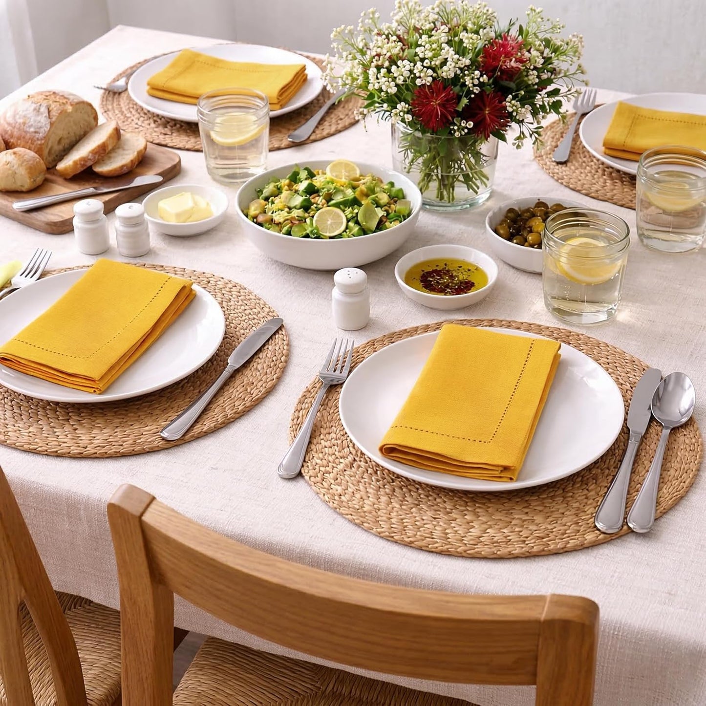 Mustard Cotton Napkins Set of 12 | Premium Hemstitch Detailing Cloth Dinner Napkins 18x18 Inch | Soft Washable & Reusable Table Napkins for Everyday Use Weddings Parties Restaurants & Hotels