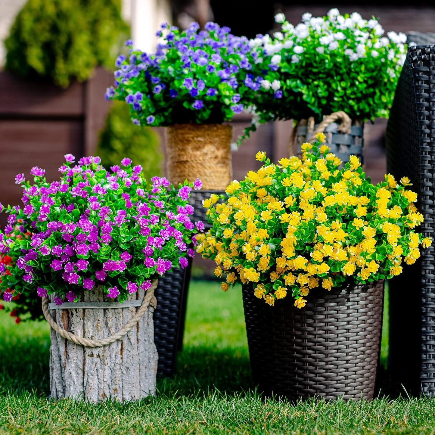 Artificial Flowers for Outdoors, 12 Bundles Fake Plants (Yellow) | UV resistant faux plastic flowers, no fade artificial greenery – garden, patio, porch & home
